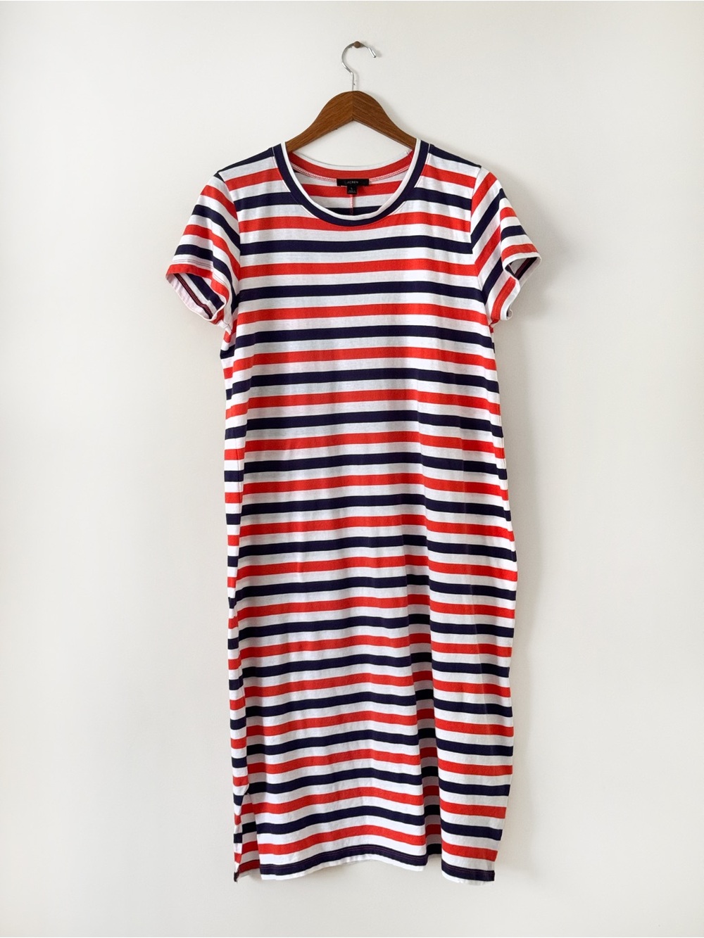 J.Crew Red Blue Striped Cotton Midi Length Relaxed Fit Shirt Dress - Size L